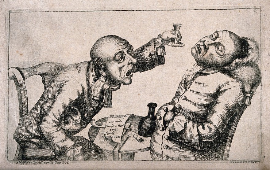 One man sits soundly sleeping as his drunken companion offers him another drink. Etching by T. Sandars, 1773, after J. Collier.