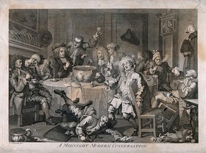 view A drunken party with men smoking, sleeping and falling to the floor. Engraving after W. Hogarth.