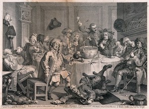 view A drunken party with men smoking, sleeping and falling to the floor. Engraving by W. Hogarth, 1731, after himself.