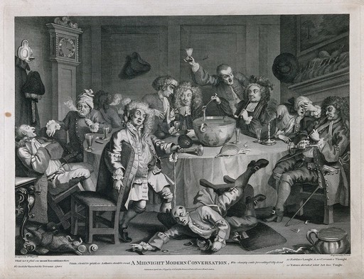 A drunken party with men smoking, sleeping and falling to the floor. Engraving by T. Cook, c. 1798, after W. Hogarth.