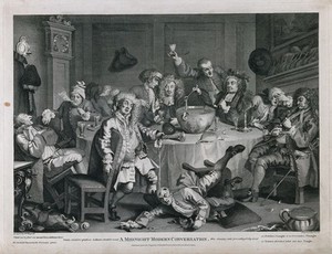 view A drunken party with men smoking, sleeping and falling to the floor. Engraving by T. Cook, c. 1798, after W. Hogarth.