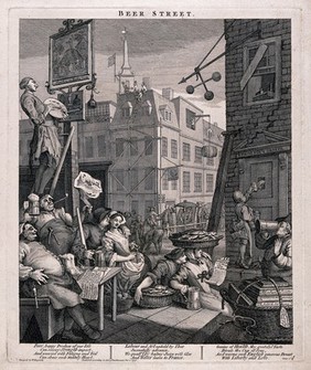 A busy street corner with traders stopping for a tankard of beer and an artist painting a pub sign. Engraving, c. 1751, after W. Hogarth.