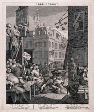 view A busy street corner with traders stopping for a tankard of beer and an artist painting a pub sign. Engraving, c. 1751, after W. Hogarth.