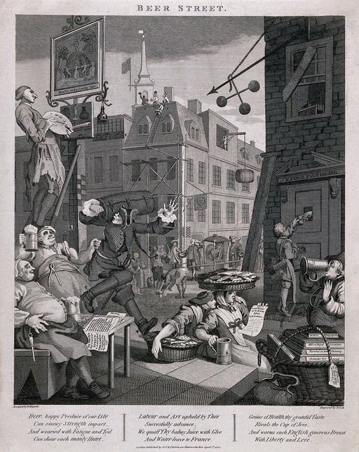 A busy street corner with traders stopping for a tankard of beer and an artist painting a pub sign. Engraving by T. Cook, c. 1800, after W. Hogarth.