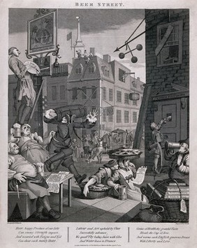 A busy street corner with traders stopping for a tankard of beer and an artist painting a pub sign. Engraving by T. Cook, c. 1800, after W. Hogarth.