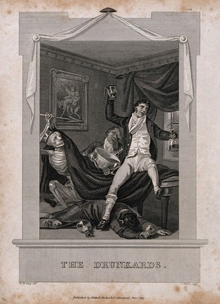 Three very drunken men unaware of "death", as a crowned skeleton, emerging from under the tablecloth. Engraving by S. Natim, c. 1815, after W. Craig.