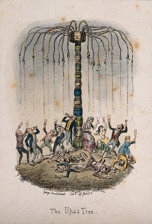 view People reaching for alcoholic drink falling from a pile of barrels of liquor likened to the upas-tree; skeletons litter the ground. Coloured etching by G. Cruikshank, c. 1842.