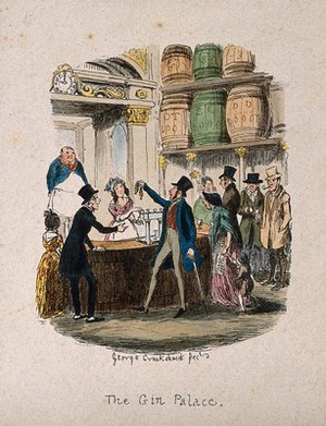 view A busy gin palace bar with customers buying drinks. Coloured etching by G. Cruikshank, c. 1842.