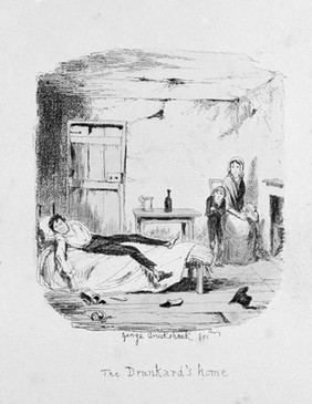 A hopeless drunkard lying on his bed watched by his poor wife and son. Coloured etching by G. Cruikshank, c. 1842, after himself.