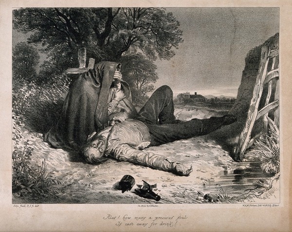 A man lying dead on the ground with a broken bottle; a woman sits crying at his side. Lithograph by C. Schacher, c. 1845, after J. Faed.