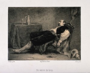 view A man lies drunk in his chair, his last glass of drink fallen from his hand. Lithograph by Lamy, c. 1860, after Villain.