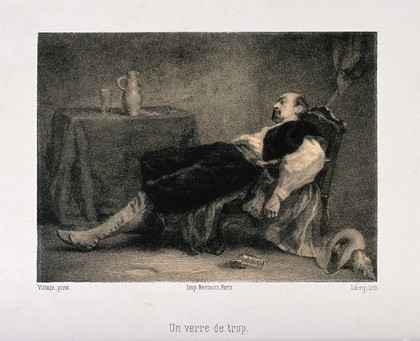 A man lies drunk in his chair, his last glass of drink fallen from his hand. Lithograph by Lamy, c. 1860, after Villain.