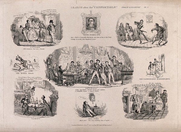 The fortunes of Peter Pickle, Esquire, whose fashionable lifestyle ends with a drink problem. Etching by R. Seymour, 1829.