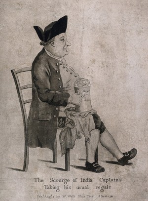 view A British sailor sitting contentedly with a tankard of ale. Aquatint with etching, c. 1781.