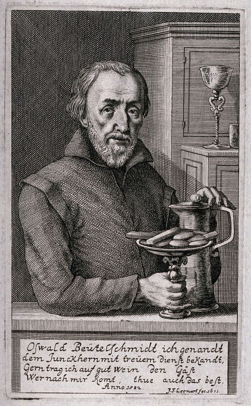 Sixteenth-century German portrait of a landlord holding a tankard and dish of food. Engraving by J. Leonart, 1673.