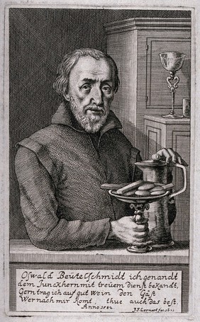 Oswald Beutelschmidt, an innkeeper holding a tankard and a dish of food. Engraving by J.F. Leonart, 1671.