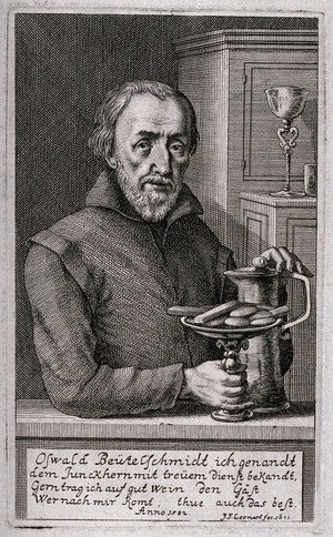 view Oswald Beutelschmidt, an innkeeper holding a tankard and a dish of food. Engraving by J.F. Leonart, 1671.