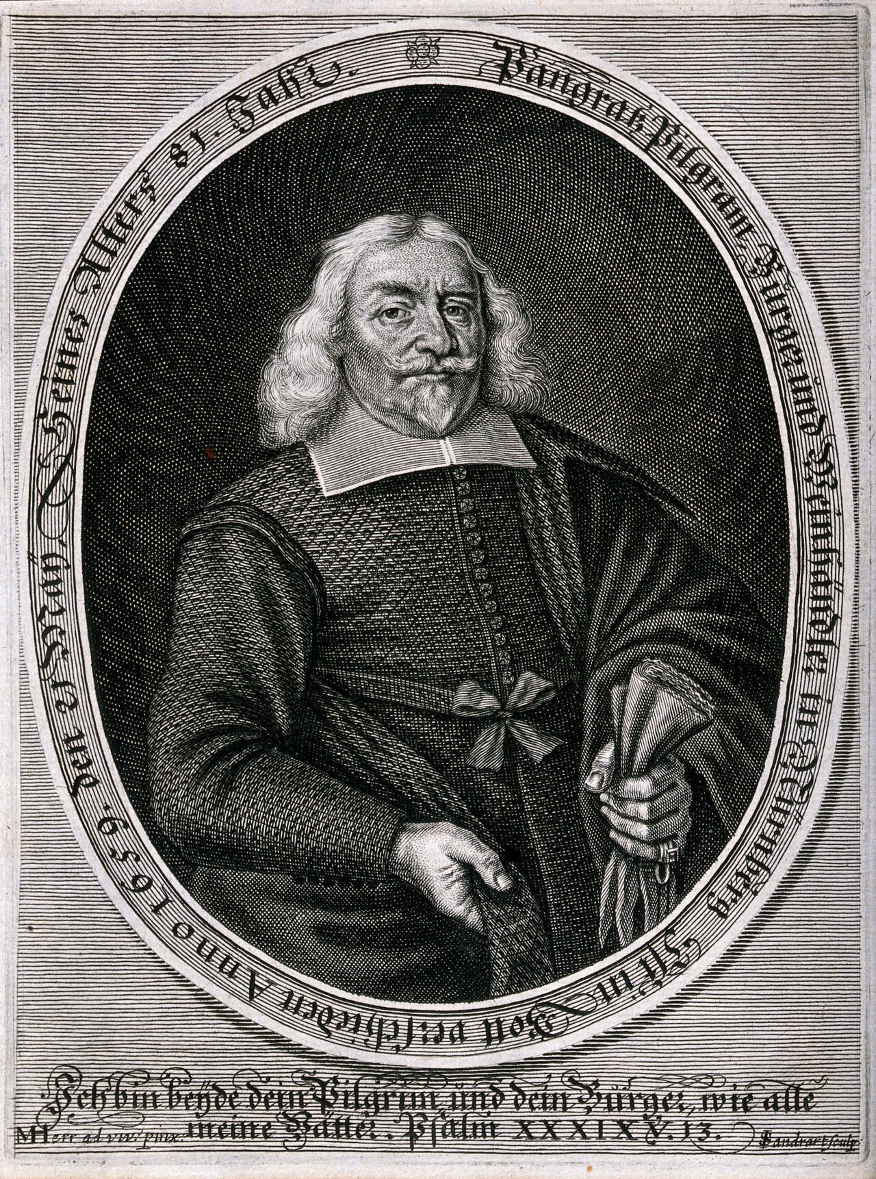 Pangratz Pilgram, a German wine merchant, with gloves in hand. Engraving by J. Sandrart after M. Herr, c. 1659., 1659, by Michael Herr