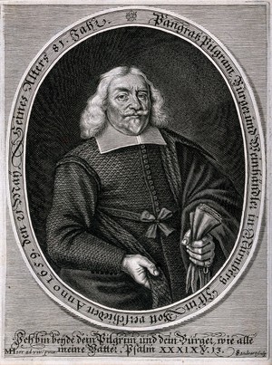 view Pangratz Pilgram, a German wine merchant, with gloves in hand. Engraving by J. Sandrart after M. Herr, c. 1659.