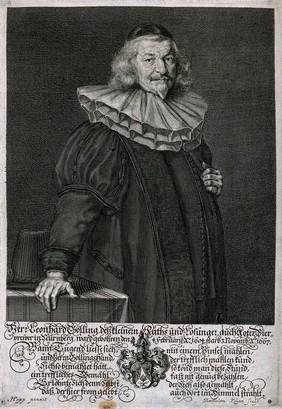 Leonhard Golling, a German brewer, standing by a table. Engraving by B. Kilian, c. 1667, after H. Popp.