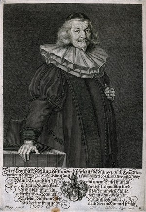 view Leonhard Golling, a German brewer, standing by a table. Engraving by B. Kilian, c. 1667, after H. Popp.