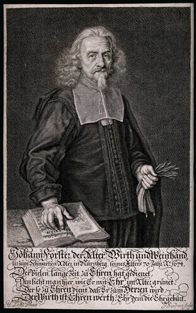 Johann Förster, a German wine merchant, with his hand on a bible. Engraving by J. Sandrart, c. 1674, after H. Popp.