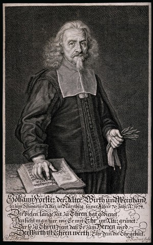 view Johann Förster, a German wine merchant, with his hand on a bible. Engraving by J. Sandrart, c. 1674, after H. Popp.