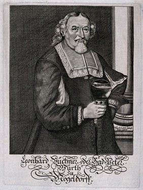 Leonhard Bűchner, a German landlord, with wine glass in hand. Engraving by T. Hirschmann, 1683, after himself.