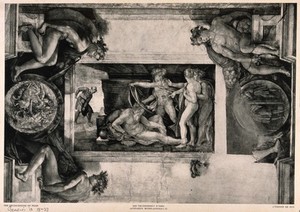 view Noah, drunk and naked, being covered in a garment by his sons, Shem and Japheth; with a border of naked men holding medallions. Halftone after Michelangelo.