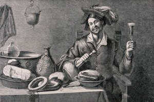 view A man, glass in hand, sits at a table with food and drink. Wood-engraving, late 16th century.