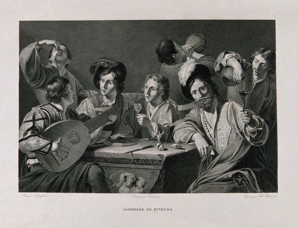 Men and boys at a table drinking as a musician plays the lute. Engraving by A. Reindel, early 19th century, after A. Desenne after B. Manfredi, c. 1600.
