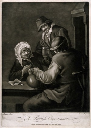 view An old woman raises her glass to two men, one with a jug and pipe. Mezzotint by R. Purcell, late 18th century, after A. Brouwer.