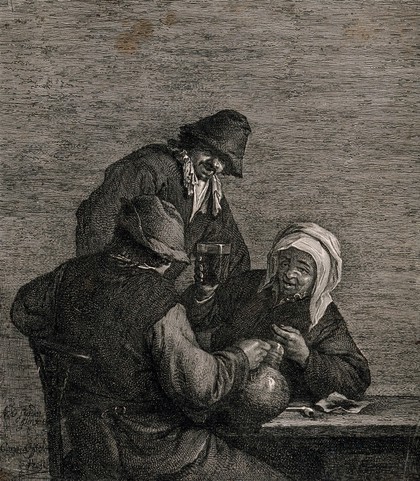 An old woman raises her glass to two men, one with a jug and pipe. Engraving by C. Visscher after A. van Ostade.
