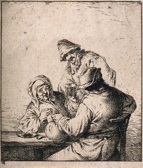 An old woman raises her glass to two men, one with a jug and pipe. Etching by D. Deuchar (?), 18th century, after A. van Ostade (?).