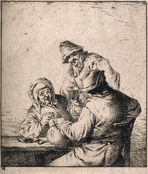 view An old woman raises her glass to two men, one with a jug and pipe. Etching by D. Deuchar (?), 18th century, after A. van Ostade (?).