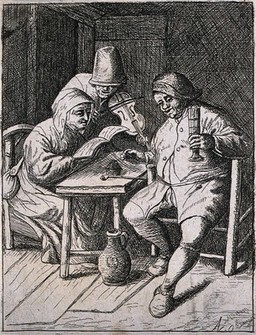 A man sits drinking at a table and is entertained by a fiddler as a woman holds his music open. Etching by D. Deuchar, 18th century, after A. van Ostade.