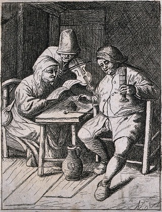 A man sits drinking at a table and is entertained by a fiddler as a woman holds his music open. Etching by D. Deuchar, 18th century, after A. van Ostade.