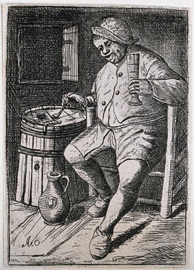 A man sits with a glass in one hand, a pipe in the other and a jug at his feet. Etching by D. Deuchar (?) after A. van Ostade.