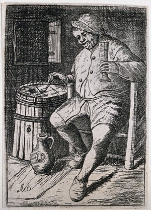 view A man sits with a glass in one hand, a pipe in the other and a jug at his feet. Etching by D. Deuchar (?) after A. van Ostade.