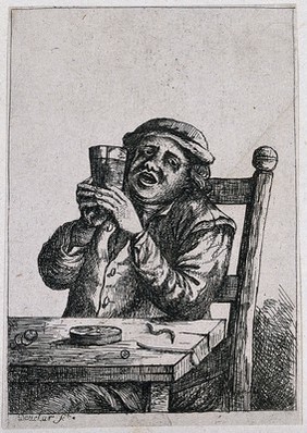 A man sits at a table with a drink and discarded pipe. Etching by D. Deuchar after A. van Ostade (?).