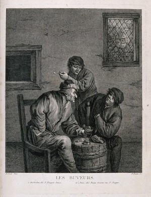 view Three men round a barrel drinking, smoking and conversing. Engraving by F. Basan, mid 18th century, after I. van Ostade.