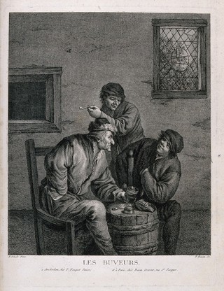 Three men round a barrel drinking, smoking and conversing. Engraving by F. Basan, mid 18th century, after I. van Ostade.