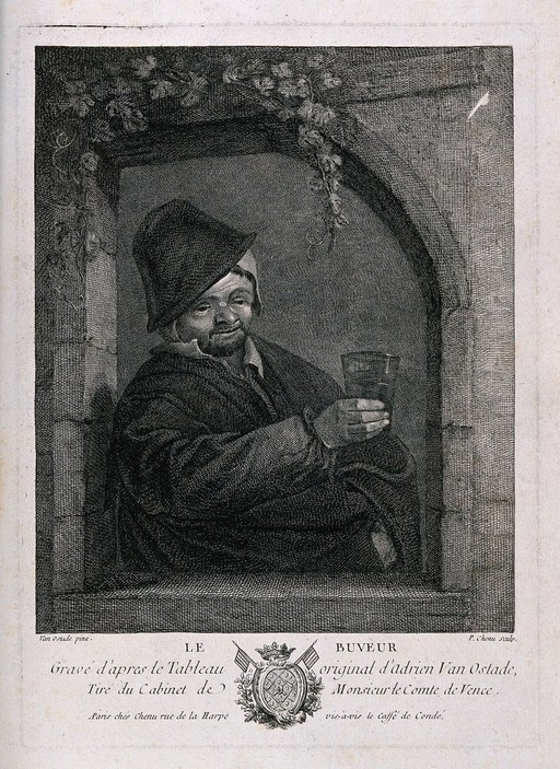 A man with glass in hand stands by a window. Engraving by P. Chenu, mid 18th century, after A. van Ostade.