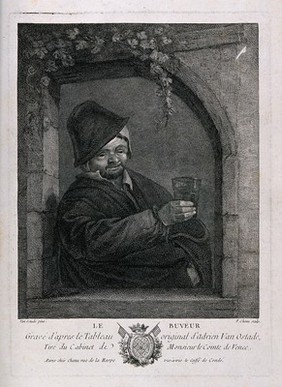 A man with glass in hand stands by a window. Engraving by P. Chenu, 1756, after A. van Ostade.