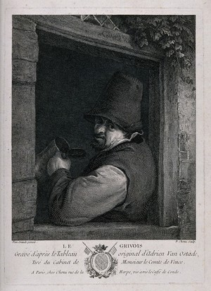 view A man with tankard in hand leans by a window. Engraving by P. Chenu, 1756, after A. van Ostade.