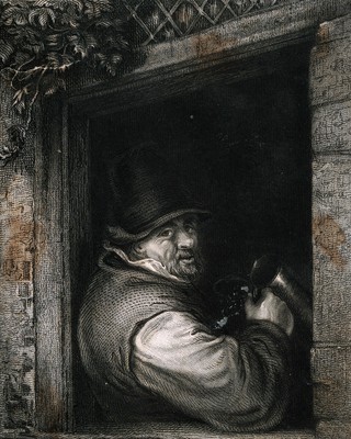 A man with tankard in hand leans by a window. Mezzotint, early 19th century, after A. van Ostade.