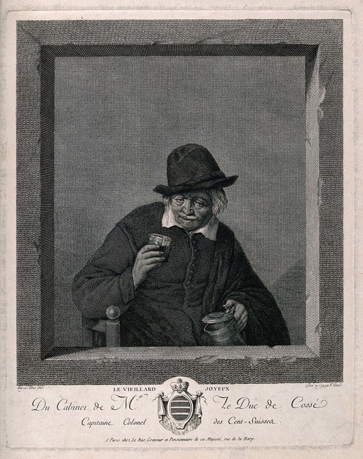 An old man sits content with a glass in one hand and a tankard in the other. Engraving by F. David, 1774, after A. van Ostade.