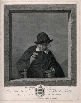 An old man sits content with a glass in one hand and a tankard in the other. Engraving by F.A. David, 1774, after A. van Ostade.