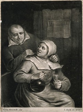A man leans over a seated woman who holds a glass and bottle in either hand. Mezzotint by J. Smith, 1702, after E. van Heemskerk.