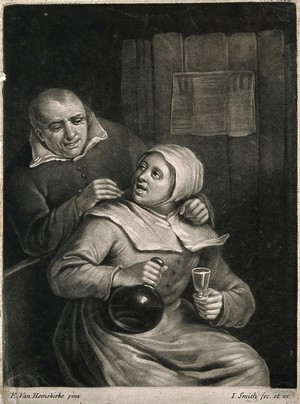 view A man leans over a seated woman who holds a glass and bottle in either hand. Mezzotint by J. Smith, 1702, after E. van Heemskerk.